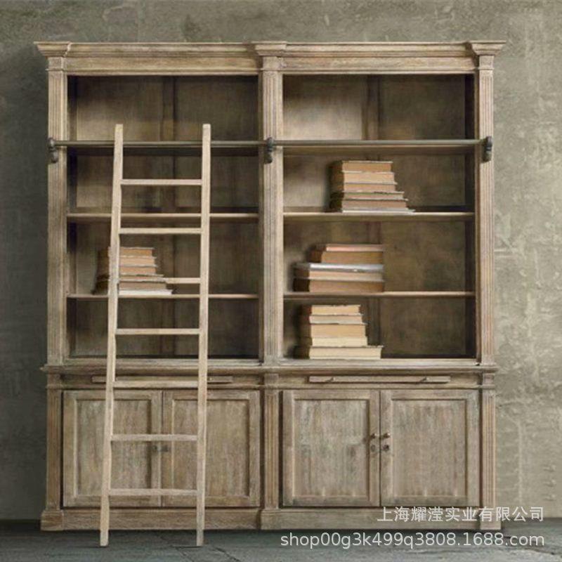 出口外贸美式复古做旧实木书柜现代简约创意高端带梯子书橱