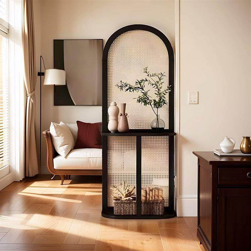 复古藤编屏风隔断客厅入户玄关遮挡可移动座屏实木风置物花架
