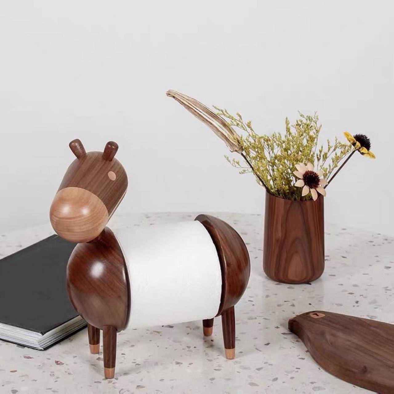 小毛驴纸巾架原木卷纸架实木创意摆件可爱简约立式纸巾架