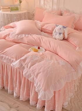 轻奢网红蕾丝花边床裙新款床单四件套纯色公主风被套罩床上三件套