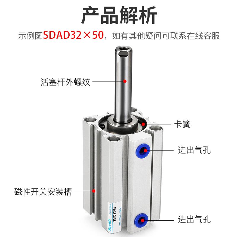 小型气动双出双头薄型气缸SDAD20/25/32/40/50/63-10*15x20/25/50