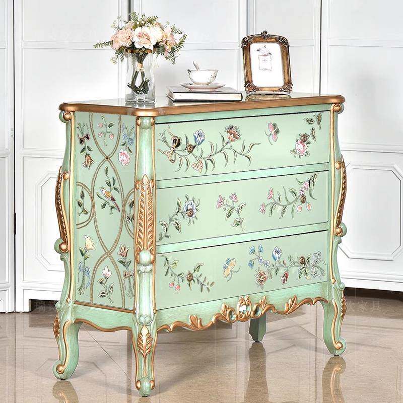 美式乡村复古彩绘玄关柜实木三斗柜大容量抽屉储物卧室衣橱收纳柜