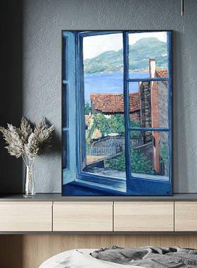 北欧风格蓝色玄关装饰画简约走廊过道挂画大尺寸落地风景客厅壁画