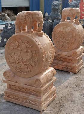 石雕门墩抱鼓石一对天然晚霞红小象石鼓新中式庭院门当石摆件门鼓