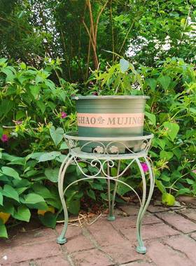 做旧复古三足花凳欧式阳台花架子户外铁艺盆景架单层庭院置物架