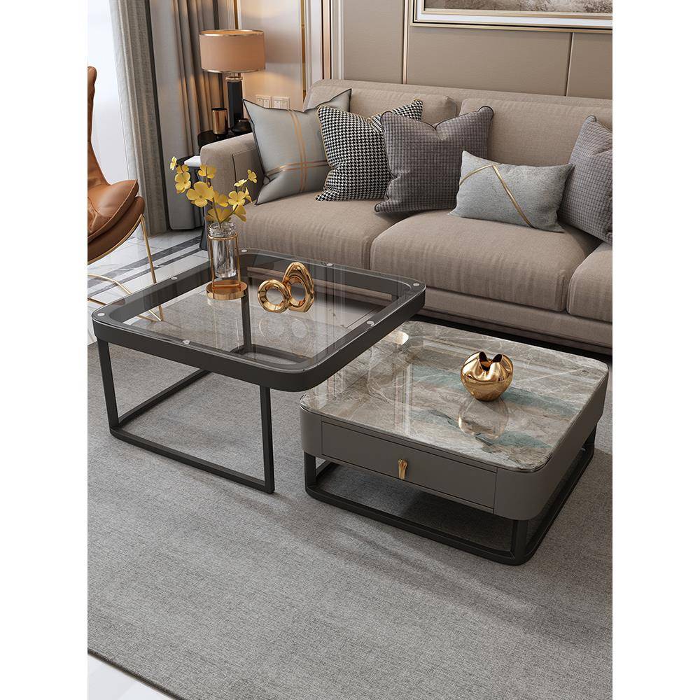 轻奢简约玻璃亮光岩板大小茶几组合小户型客厅储物伸缩方形茶几桌