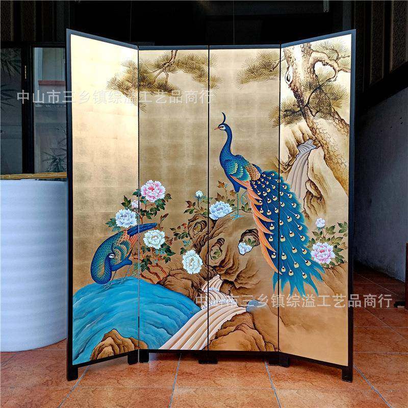 金箔屏风手绘锦上添花中式客厅办公室茶室背景隔断实木可移动折屏