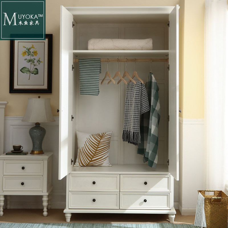 美式乡村桃花心木白色卧室两门衣柜实木双门储物衣柜