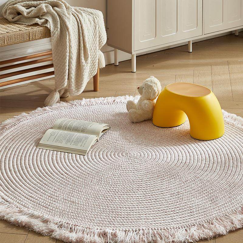 粉色手工打结流苏编织简约圆形地毯无胶环保客厅茶几书房卧室地垫