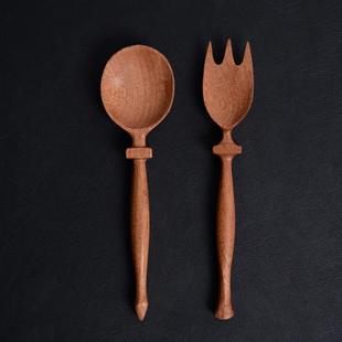 家用餐勺天然实木手工制作复古水果叉饭勺餐桌餐具 oakliving日式