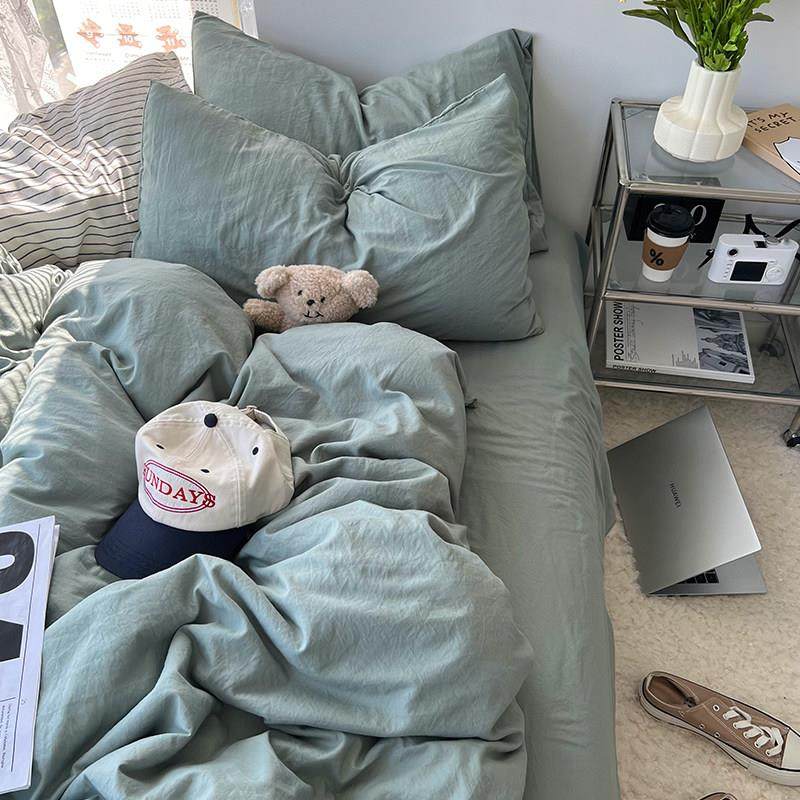诧寂~水洗棉四件套纯色1.8床上用品被罩被单床单人学生宿舍三件套