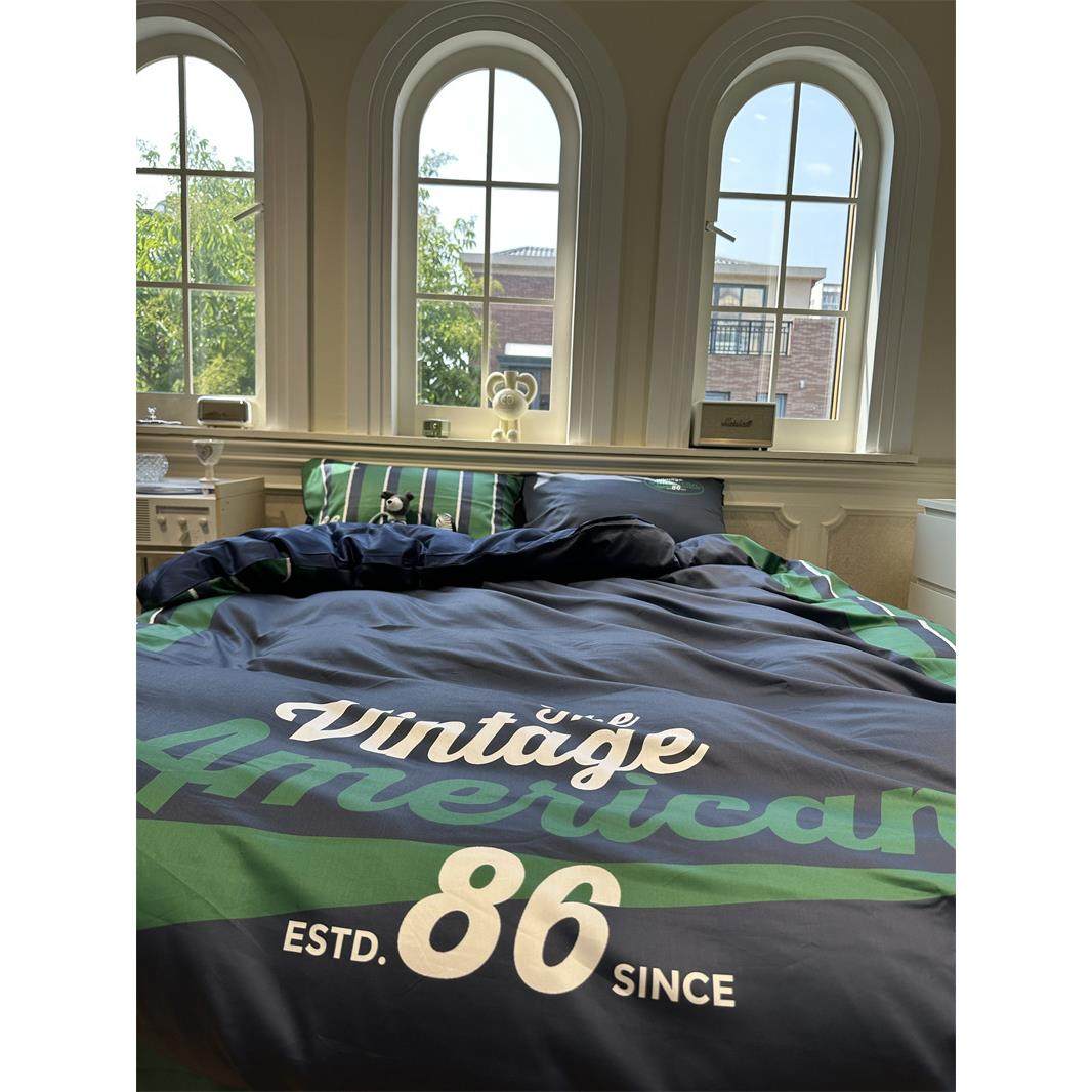 60支北欧条纹藏蓝绿字母四件套长绒棉数码印花1.5m1.8米被套床单