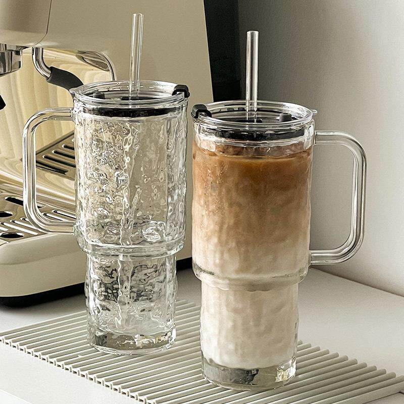 大容量玻璃杯巨无霸带把手马克杯带盖子办公室吸管杯咖啡水杯子女