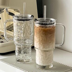 大容量玻璃杯巨无霸带把手马克杯带盖子办公室吸管杯咖啡水杯子女