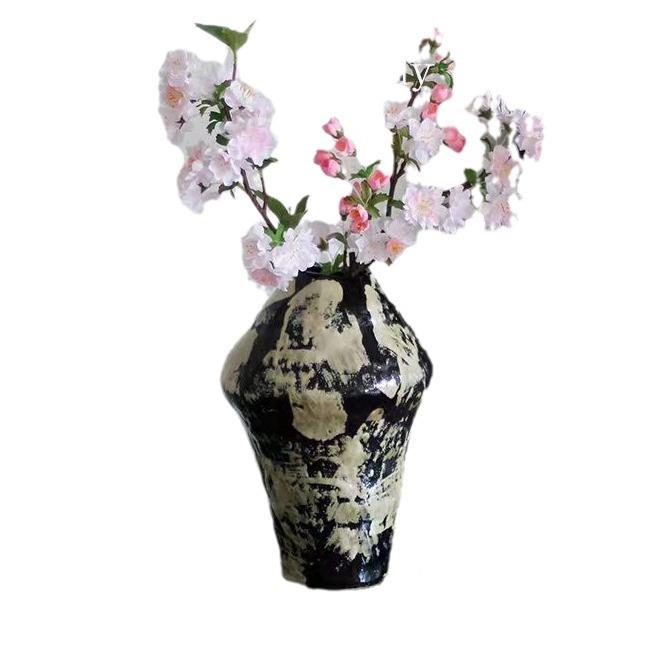 侘寂风禅意手捏古制工瓷黑色罐ali-7852复艺术插陶花花瓶摆件