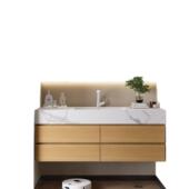 日式 原木风浴室柜组合可丽耐一体无缝陶瓷盆卫生间橡木洗脸洗漱台