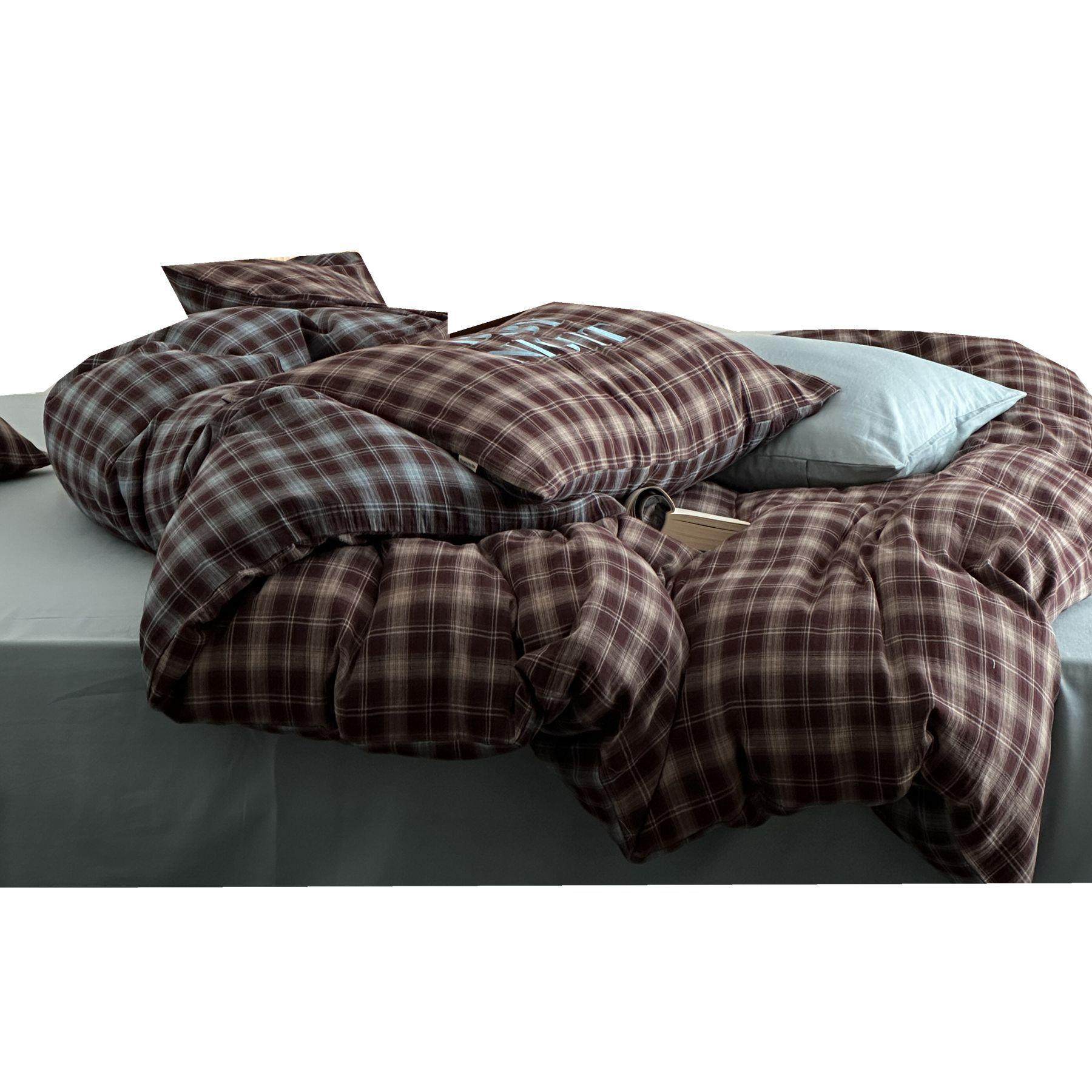 法式复古格子字母刺绣全棉色织双层纱四件套松式水洗软糯透气床品,床上用品,床品套件/四件套/多件套,淘宝优惠券,粉丝福利购,淘宝优惠卷