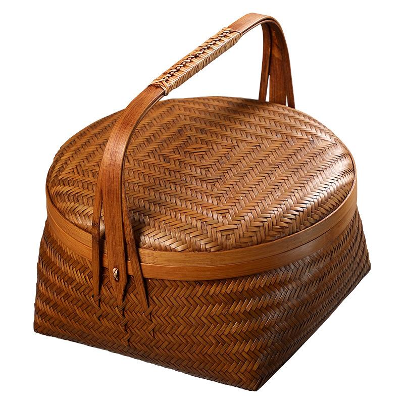 纯手SYU工竹编大漆篮提家用带盖茶具收纳筐竹筐储物竹篮子水果篮