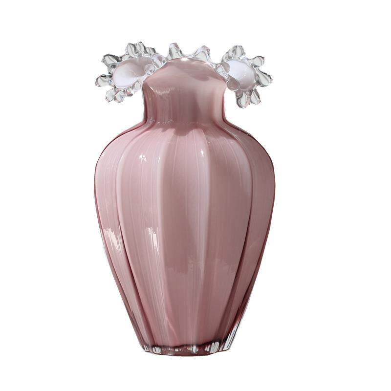 ins水滴浪花瓶口高级粉立体条纹花瓶手工制作台面花插家居装饰样