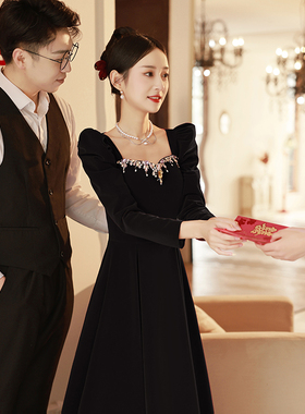 速发黑色赫礼晚202服本风平时可穿主持人高端轻奢年会气质丝绒连
