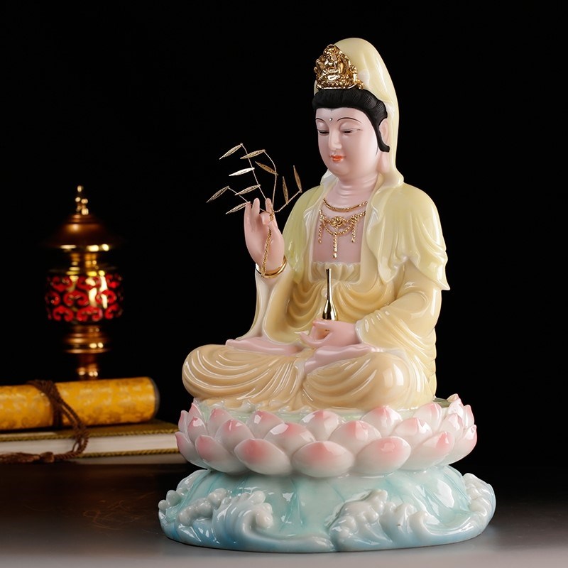 速发新款汉白玉南海观世音菩萨家用坐莲观音佛像供佛送子观摆件