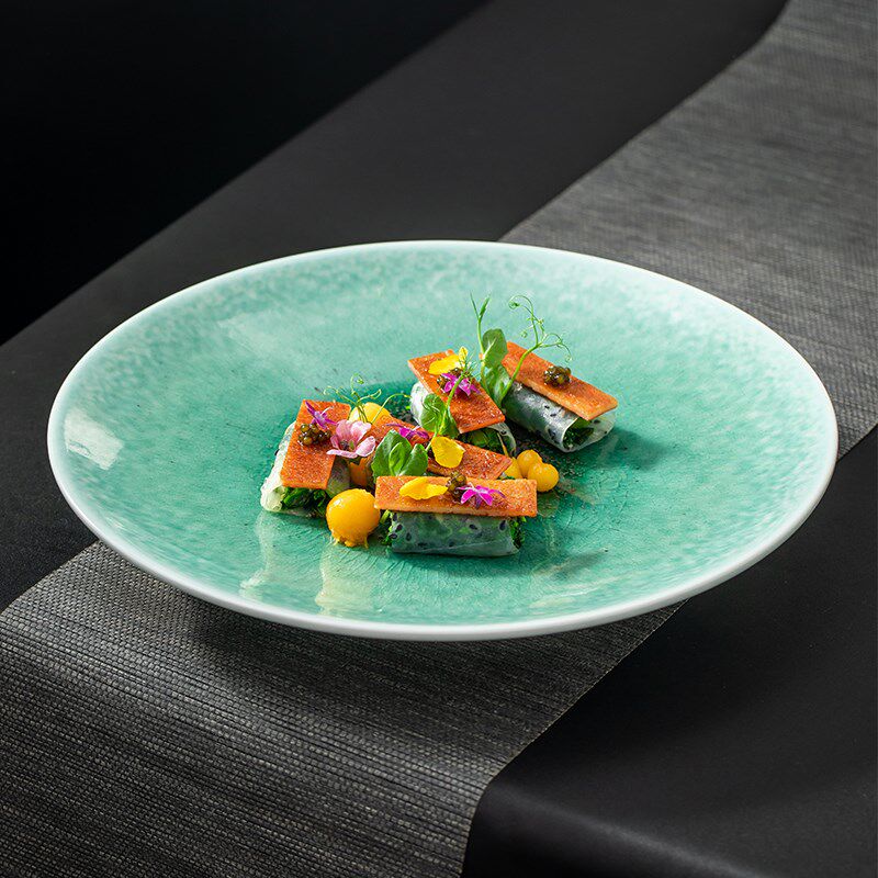 速发新中式复瓷窑变色釉酒古西餐料理圆浅盘轻奢创意融合陶店凉菜