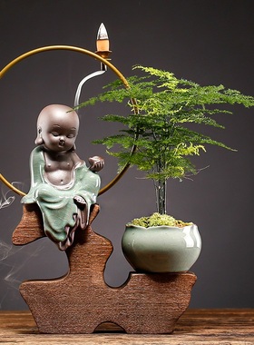 速发新中式倒流香炉书意办公室装饰品客厅禅桌面陶件玄关摆瓷盆栽