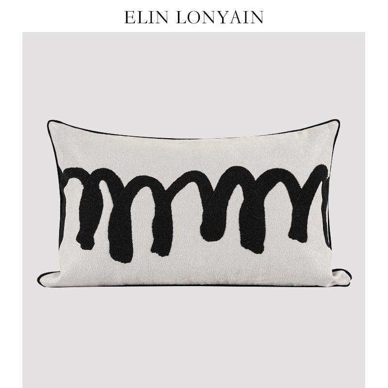 ELIN LONYAIN现代简约轻奢灰色麂皮绒抽象绣线靠垫抱枕样板房腰枕