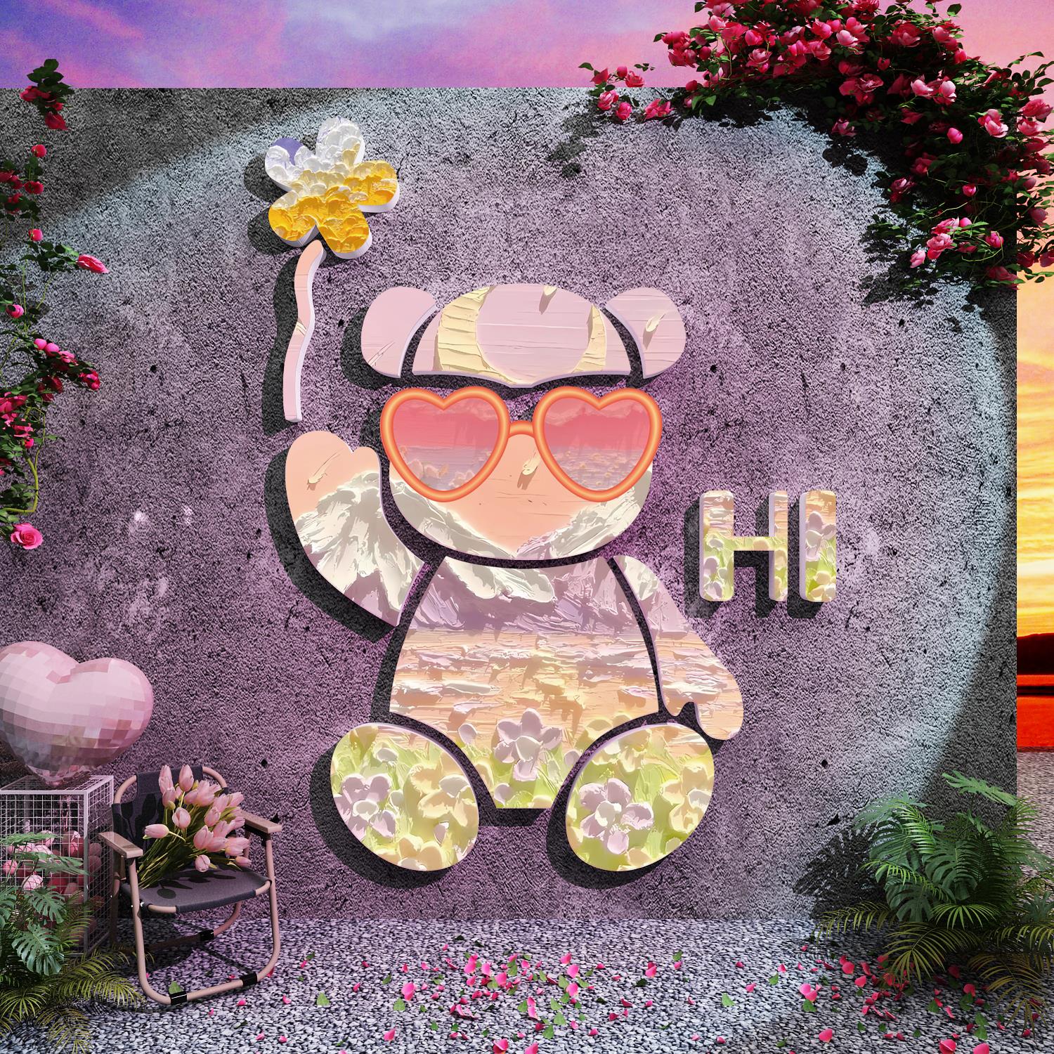 网红打卡公仔拍照区布置户外花墙面装饰农村小院造场背景形象露营