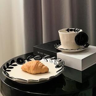 中古风手捏浮雕花藤咖啡杯碟 态生活 家用复古风陶瓷牛奶杯水杯子