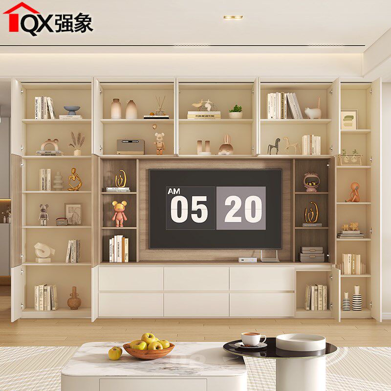精选奶油风电视柜客厅家用一体组合背景墙柜定制满墙收纳储物柜子