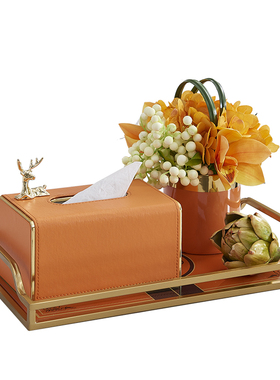 高档轻奢橙色抽纸收纳盒装饰托盘简约创意家用餐桌客厅茶几纸巾盒