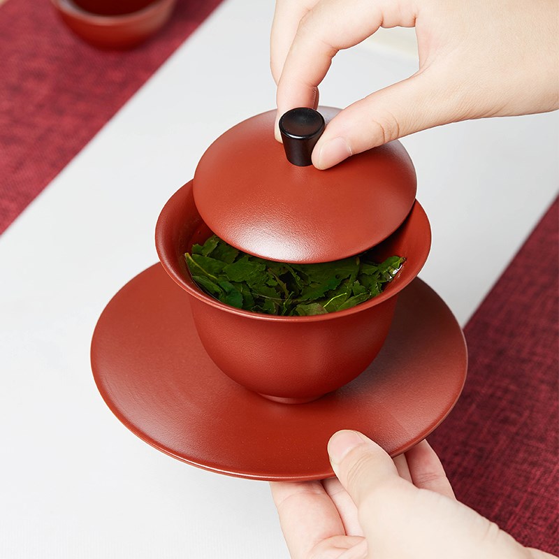 宜兴紫砂三才杯盖碗单个茶碗带盖泡茶杯大号防烫日式复古陶瓷茶具