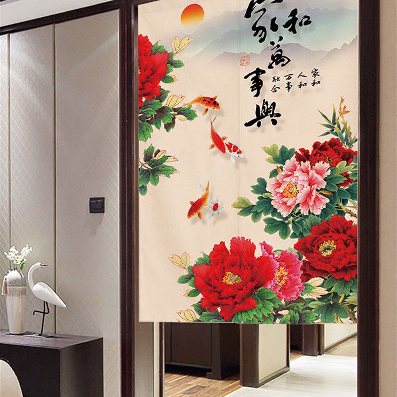 中式富贵牡丹花门帘客厅过道布艺装饰隔断帘卧室卫生间免打孔挂帘