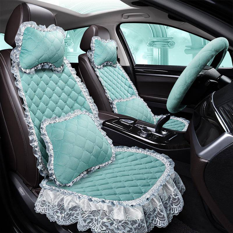 蕾丝汽车坐垫冬季短毛绒保暖通用春秋座垫网红女神款花边座椅套
