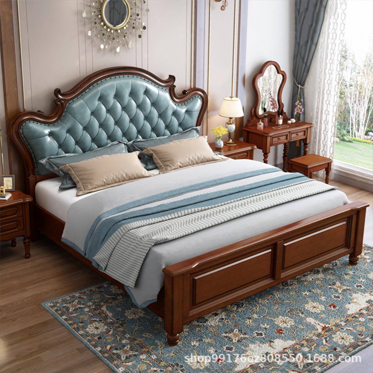 美式实木床桃花芯木卧室家具现代简约1.8米软包床主卧轻奢高箱床