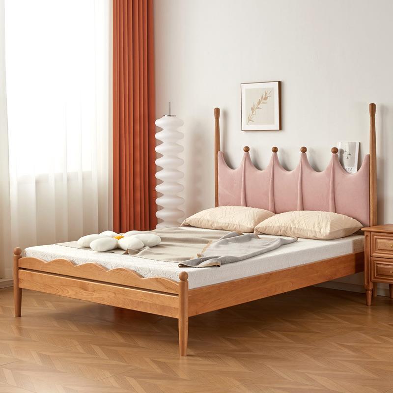 北美樱桃木实木儿童床黑胡桃木丝绒布艺软包床青少年学院床单人床