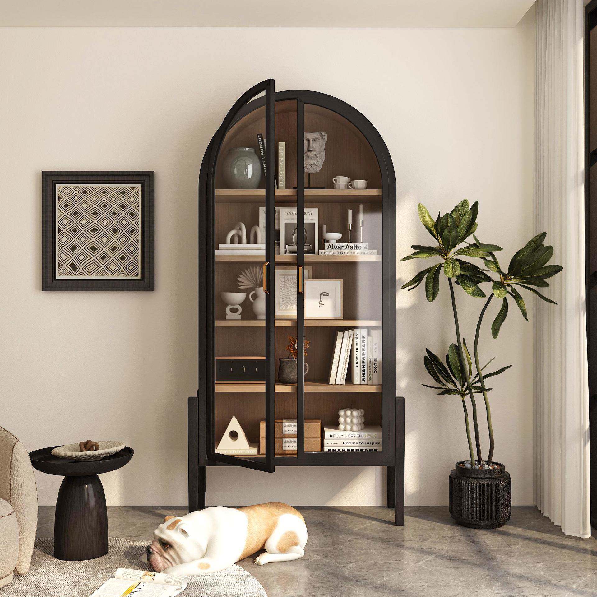 美式实木书柜双门弧形展示柜北欧简约边柜儿童房衣柜收纳柜储物柜