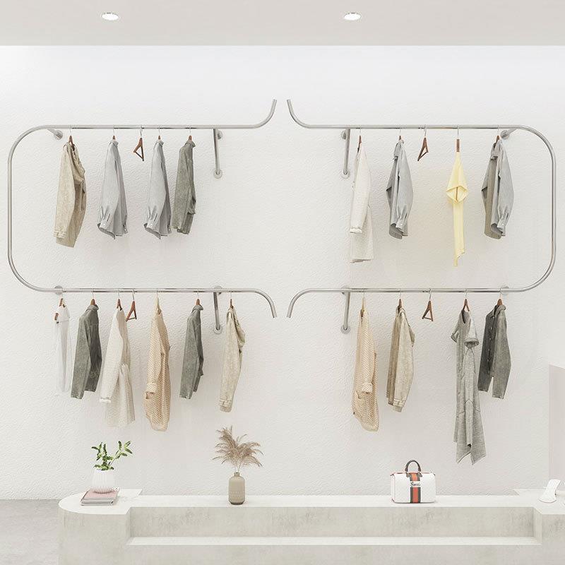 服装店衣服架不锈钢银色挂衣架女装货架创意双层陈列架上墙展示架