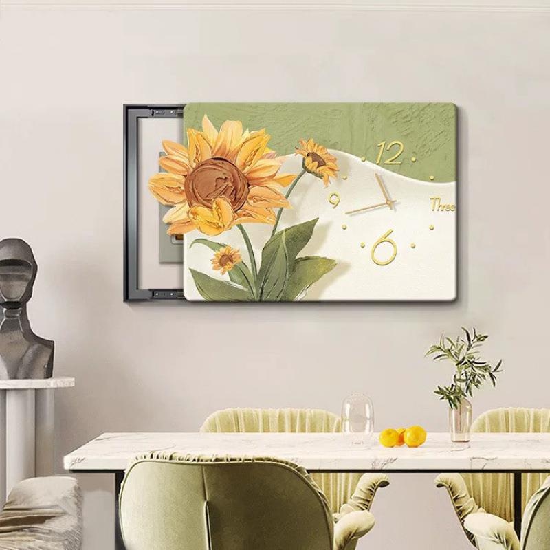 北欧向日葵电表箱画装饰画带钟表免打孔奶油风弱电箱遮挡电闸盒画
