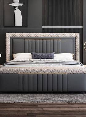 美式主卧皮艺床卧室家居主卧轻奢床双人床排骨架软体实木大床