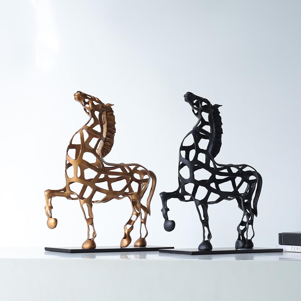 中式抽象金属镂空骏马动物雕塑摆件客厅玄关书房软装家居饰品