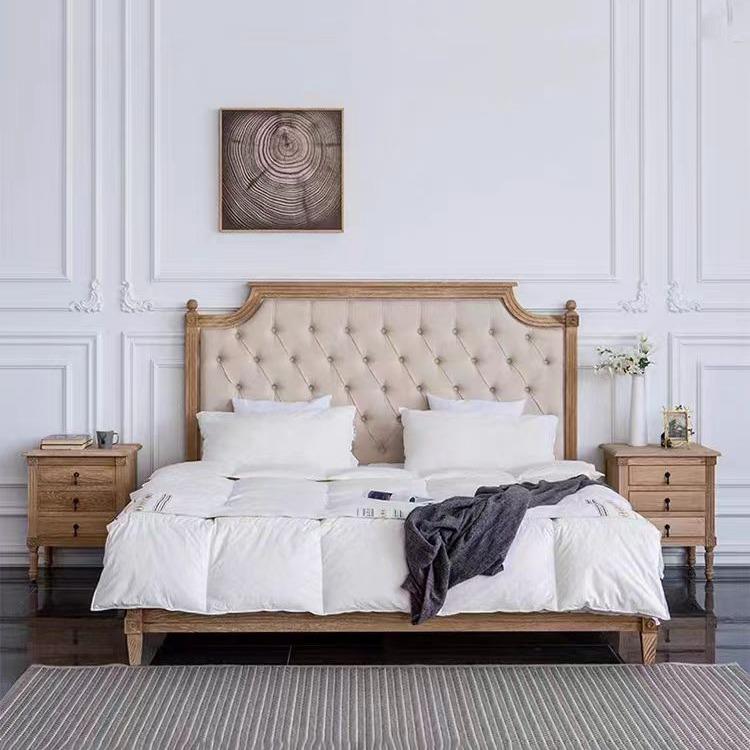 美式乡村实木布艺床轻奢双人主卧橡木1.8米北欧棉麻大床法式复古