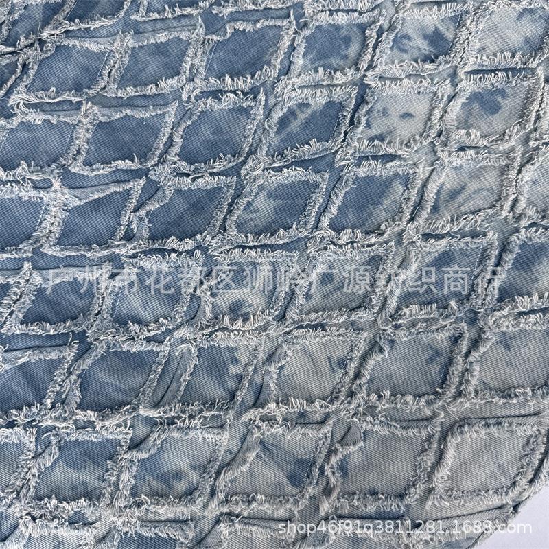 工艺洗水牛仔7219布双层剪花绗菱形格流苏7绣X7斜纹扎染牛仔面料