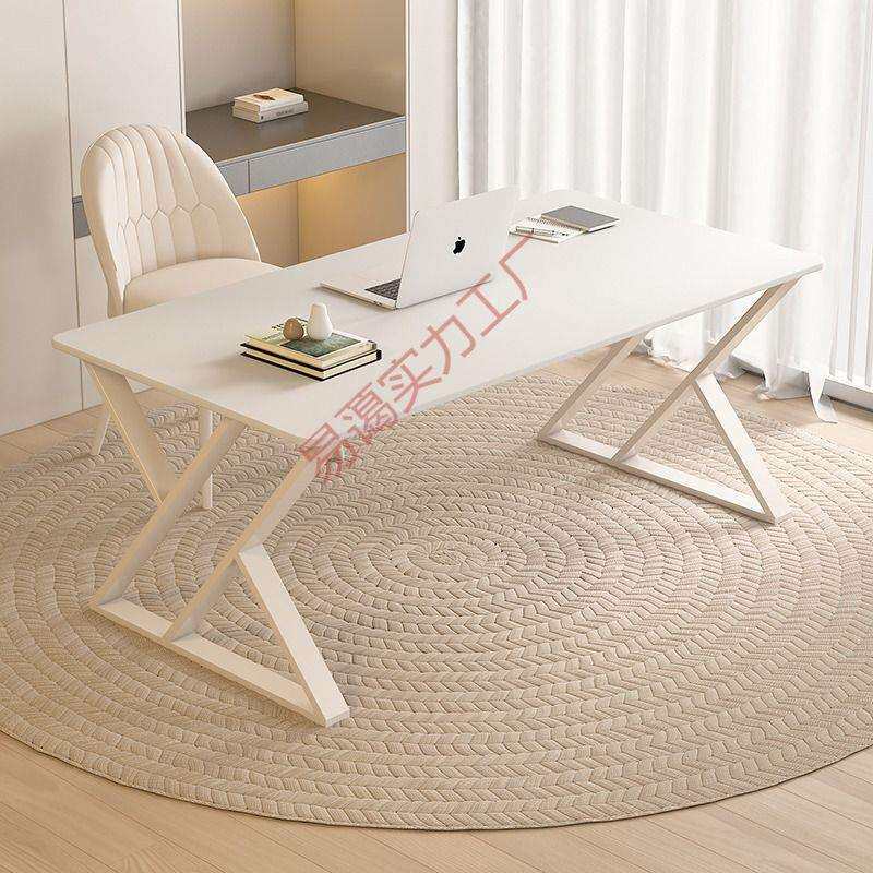 奶油风纯白岩板书桌台式电脑桌办公桌轻奢现代简约卧室家用学习桌