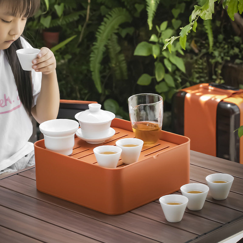 德化白瓷旅行茶具套装便携户外盖碗套组手提高档带茶盘简约茶盒装