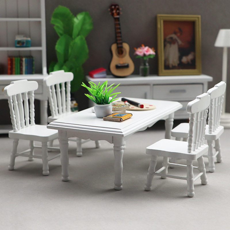 1:12娃娃屋dollhouse迷你家具餐厅微场景模型摆件白色餐桌椅子
