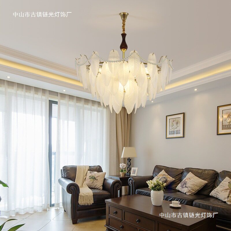 法式奶油风客厅吊灯网红温馨浪漫卧室灯轻奢玻璃大厅灯创意羽毛灯