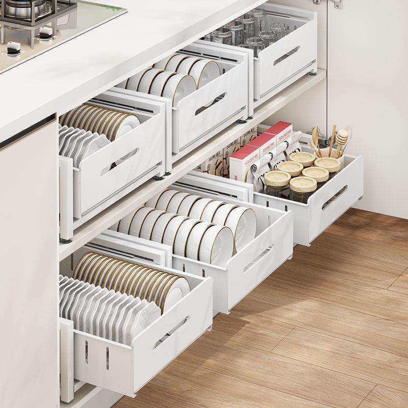 优勤碗碟拉篮置物架免安装厨柜内置碗盘分隔收纳架家用餐具杯子架