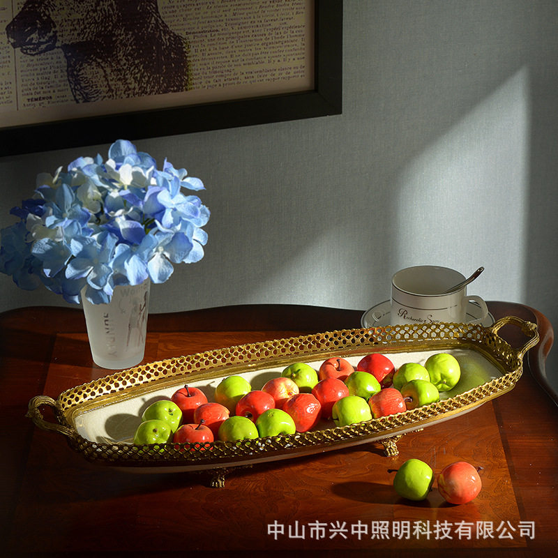 欧式古典奢华高端陶瓷镶铜果盆摆件装饰花盆双耳果盘纯铜艺术品